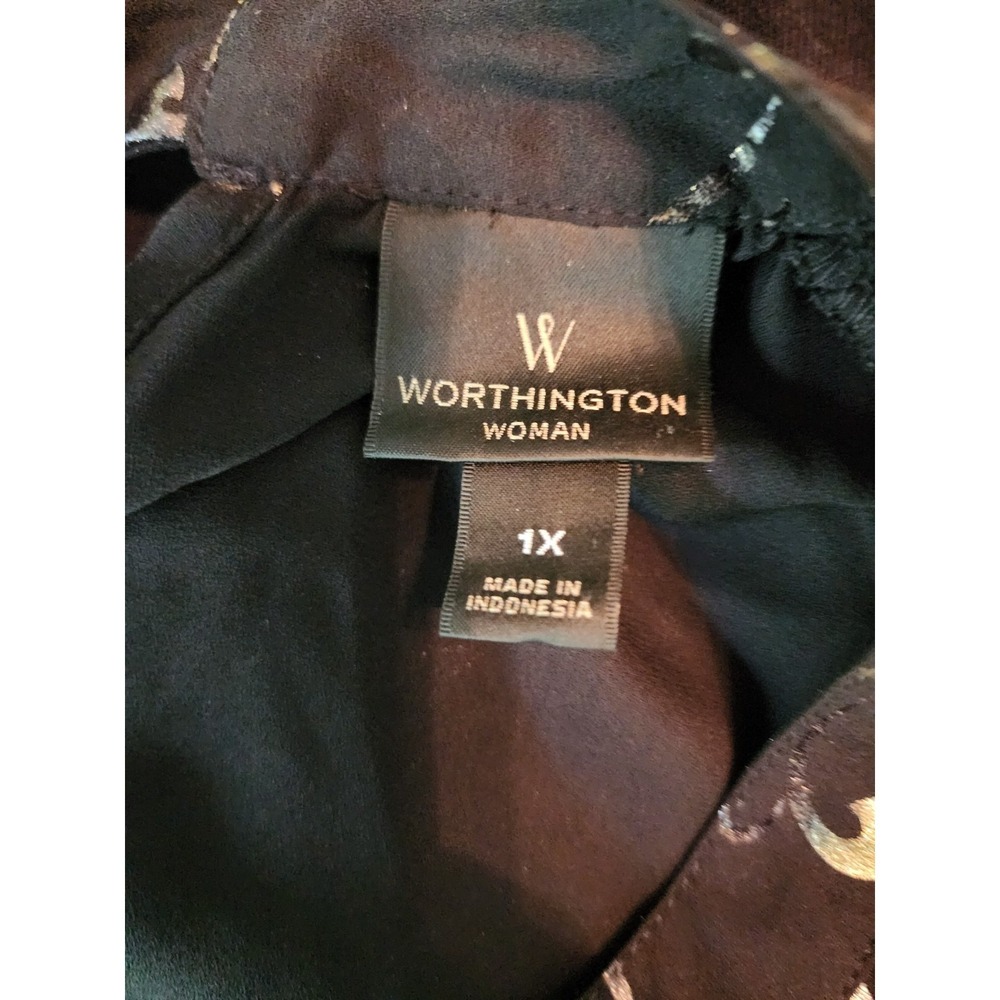Worthington Woman 1X Black Gold Baroque Blouse Tie Neck Career Top Officecore - Picture 2 of 8